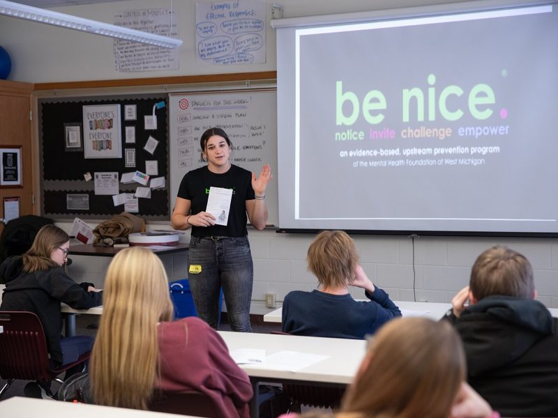Isabelle Buck leads be nice. program at Grandville Middle School