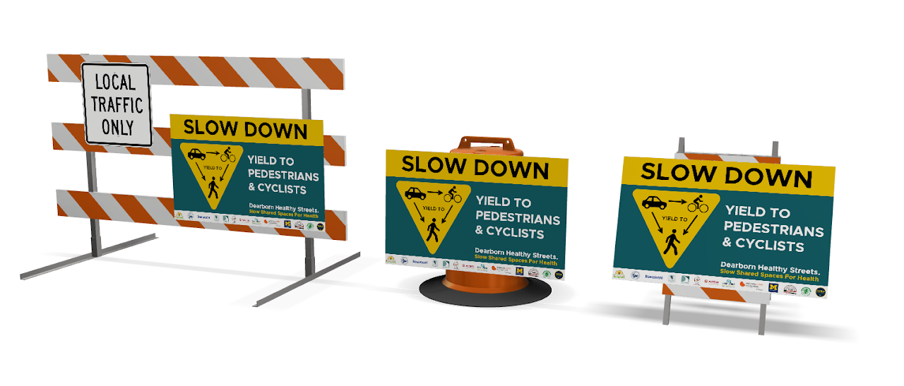 Signs used in the Dearborn Healthy Streets initiative.