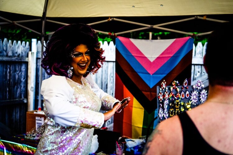 Drag Queen Vajojo Viságe show cases their costume jewelry at the Lakeshore Community Pride's first White Party and Pride Ball, organized and hosted by Jeffery Pienela, aka Drag Queen Barbie Dior.