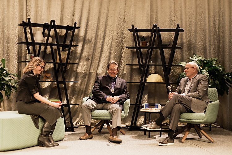 Lakeshore Advantage President Jennifer Owens talks to Jim Brooks (left) and Dick Haworth about their friendship and philanthropy legacy. Photo courtesy Lakeshore Advantage