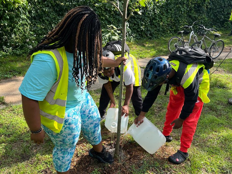 Keymareeah King, Corda'e Woods, and Adrian Jones worked with the Friends of Grand Rapids Parks as part of a West Michgian Works! summer job program for teens.