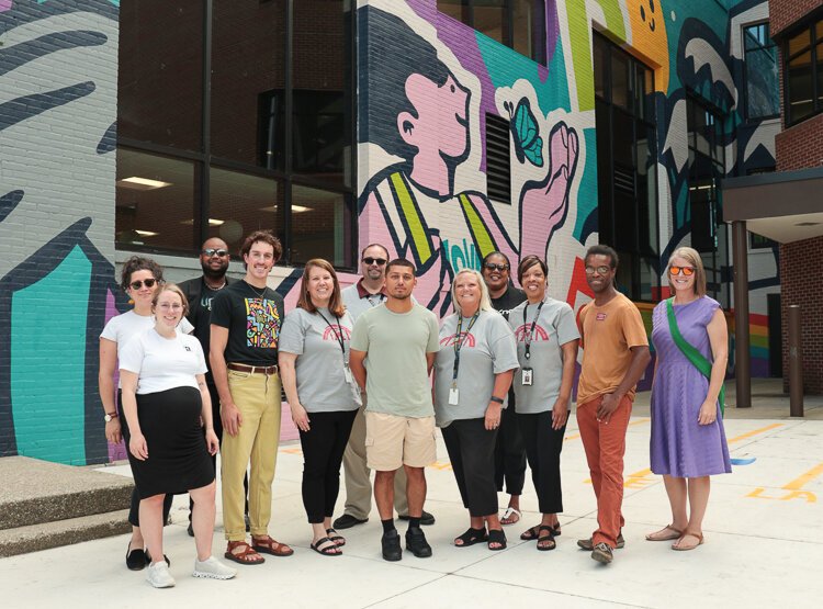 Bunker Elementary mural ribbon cutting 2024 with Lions & Rabbits' Jarran Fountain.
