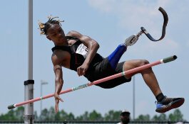 A high jumper competes in the 2024 Hartford Nationals.