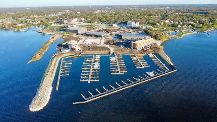 An ariel view of Adelaide Pointe Marina in Muskegon.