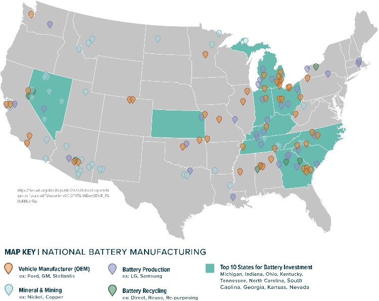 Map shows top 10 states for battery manufacturing.