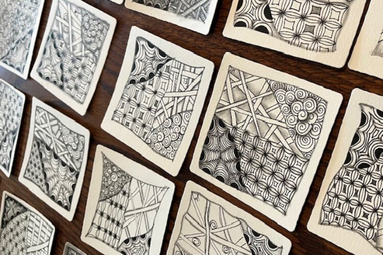 All Zentangles have eight steps: Gratitude and Appreciation. Four Dots. Border. String. Tangle. Shade. Chop. Gratitude and Appreciation.