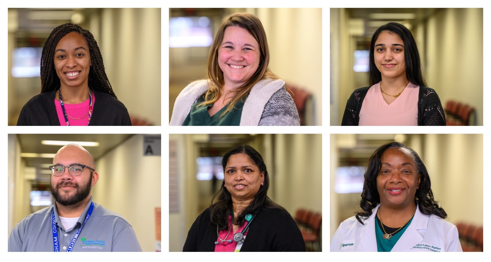 Public health has many faces in Ingham County: Lauren Chambers, behavioral health consultant; Laura Scurlock, NP; Kajalpreet Kauer, RN. Bottom row, l-r: Sterling Wendt, community health worker; Donna Korganji, NP; Dr. Alane Laws-Barker, gynecologist/surgeon.