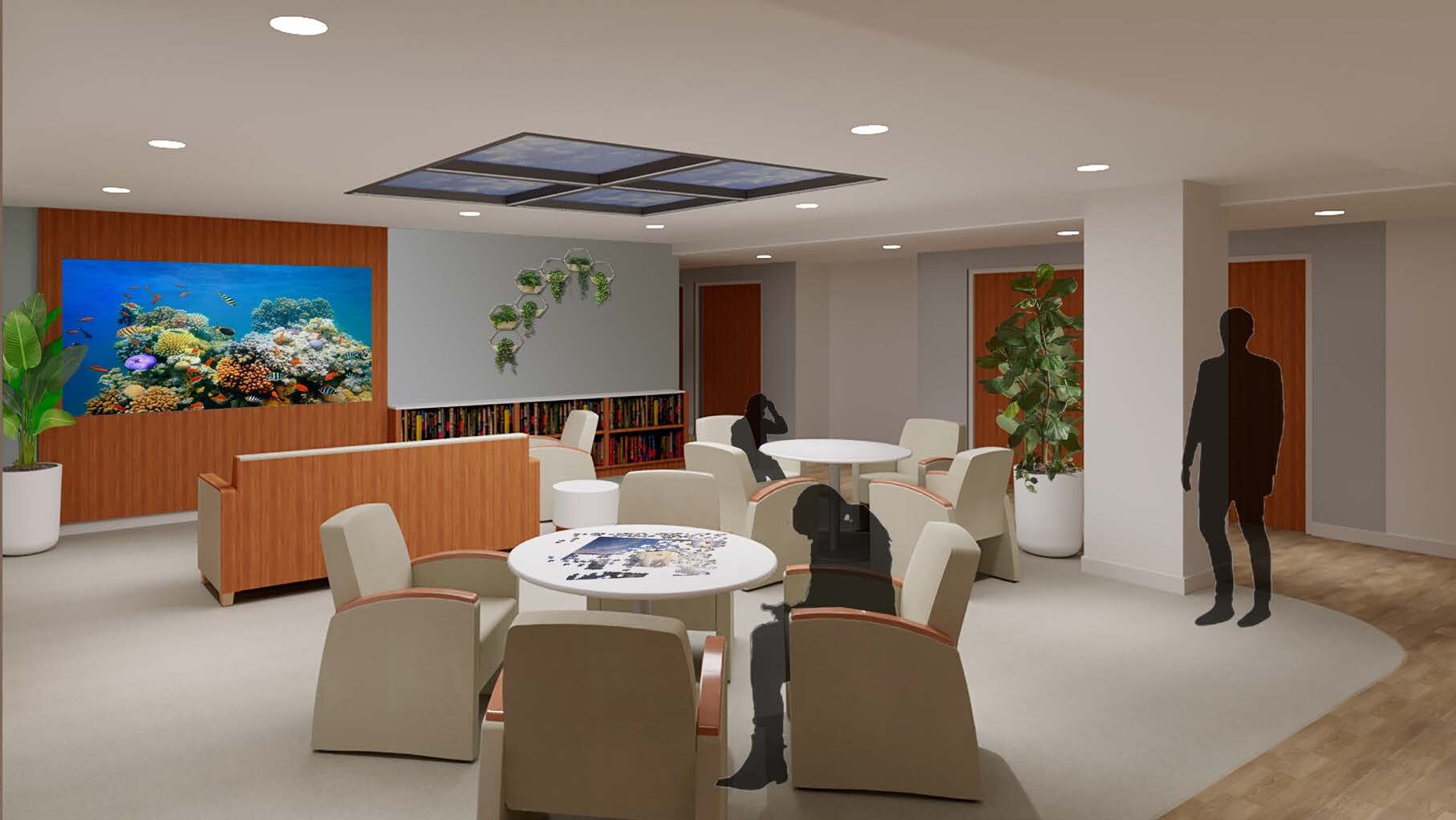 A rendering of the living room at the forthcoming Behavioral Health Crisis Center in Grand Rapids.