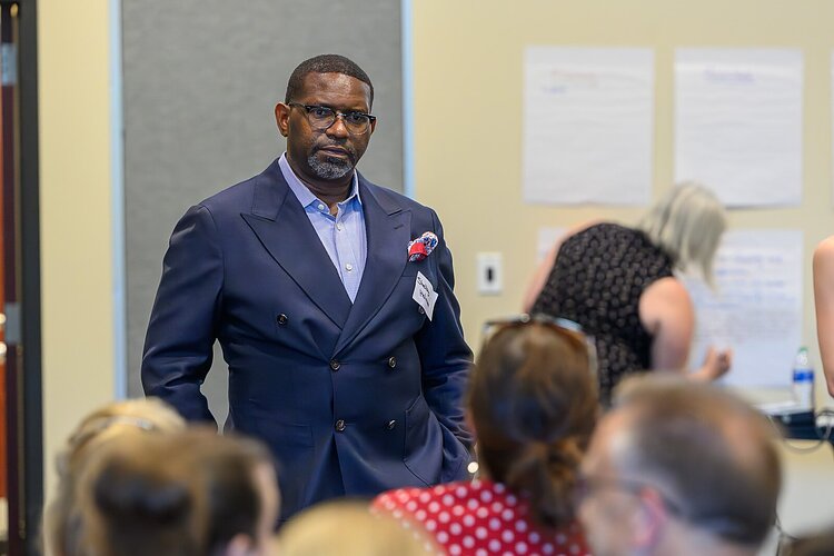 Shelby Holman, CEO Southern Imaginations, leading PreK for All listening session in Ypsilanti.