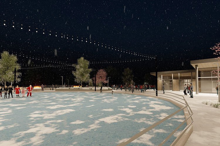 A rendering of the skating pond and concessions building.
